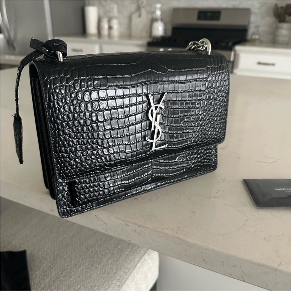 Saint Laurent medium sunset crocodile leather black and silver hardware
